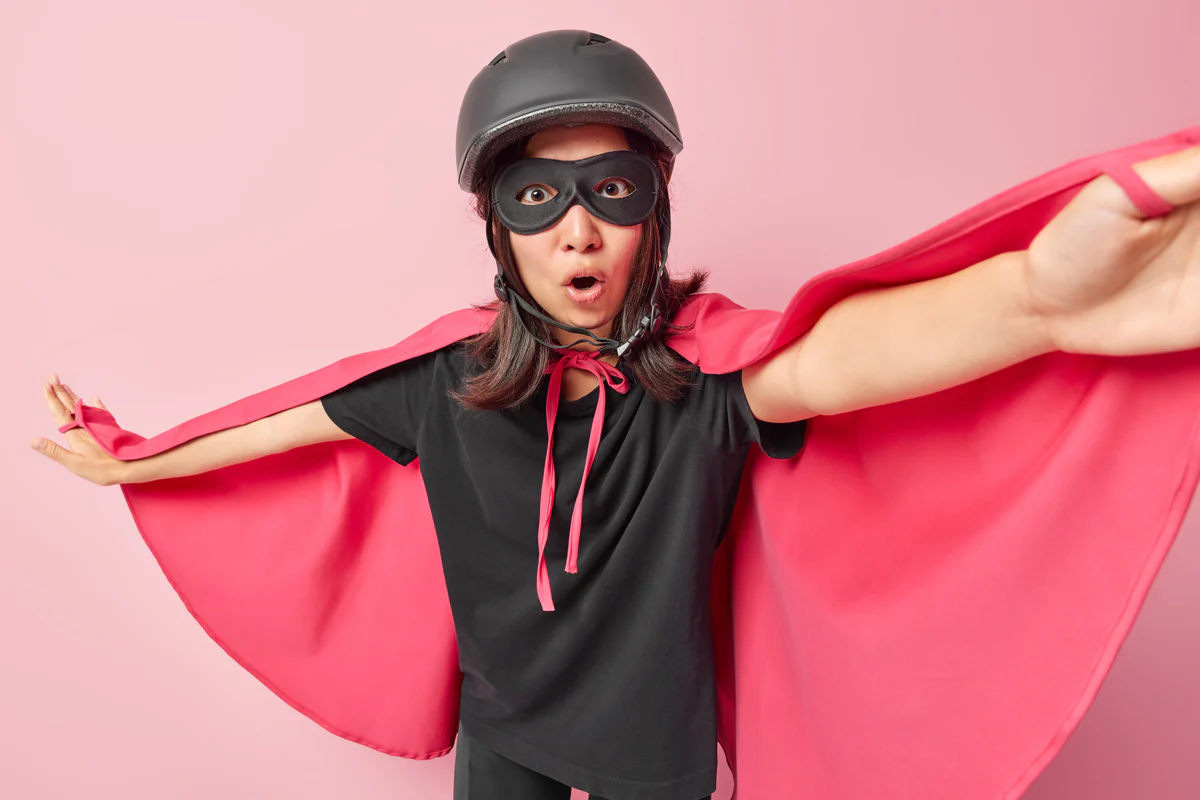 People — shocked adult woman superhero